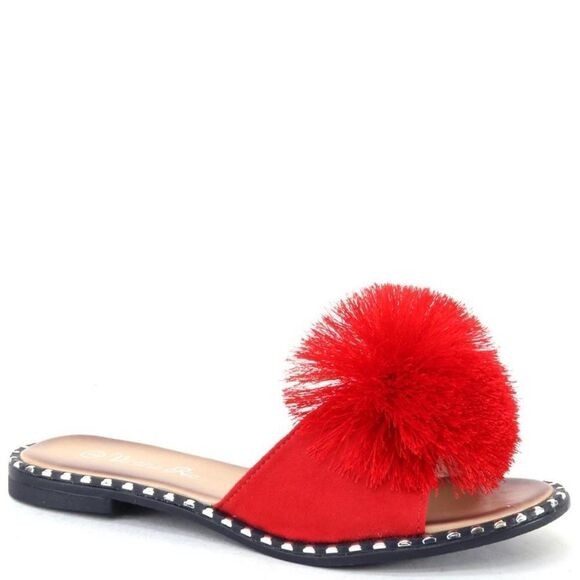 Restock! Summer Pom Pom Red Mule Slide Sandal - Picture 4 of 14